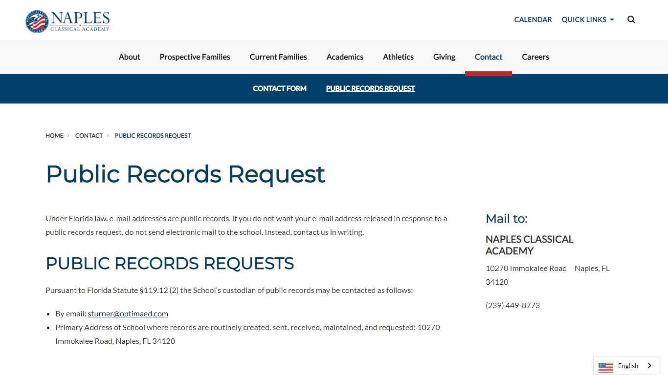 Public Records Request - 2022 Naples Classical Academy